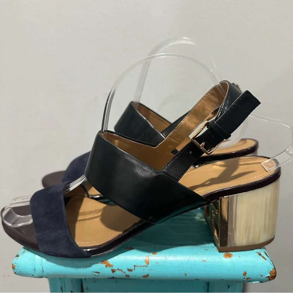 Tory Burch Gigi T Logo Black Midnight Blue Leather Sandal Size 9.5